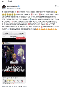 Screenshot of Boosie Badazz's Instagram post with a long, all-caps rant and emoji reactions; attached image shows a poster featuring ASAP Rocky's name.