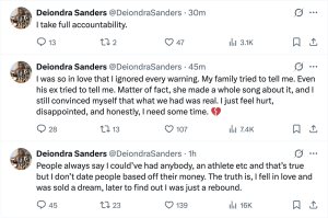 Twitter feed from Deiondra Sanders with three posts about accountability, heartbreak, and honesty in relationships.