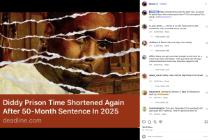 Collage-style image with torn-paper strips across a close-up of a man's face and a red news banner reading “Diddy Prison Time Shortened Again,” suggesting a dramatic headline from Deadline.
