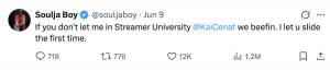 Tweet from Soulja Boy asking Kai Cenat to let him join Streamer University, June 9, with engagement icons visible beneath the post.