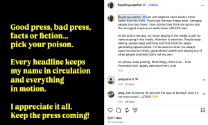 Text graphic on black background with large yellow quotes: 'Good press, bad press, facts or fiction... pick your poison. Every headline keeps my name in circulation and everything in motion.'