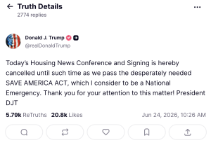 Post in the Truth Details feed announcing the cancellation of today’s Housing News Conference, referencing SAVE AMERICA ACT, with engagement counts (5.79k ReTruths, 20.8k Likes) and a timestamp of Jun 24, 2026, 10:26 AM; profile image shows an American flag design.