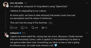 Dark social feed showing a post by mrs.mj.tedla calling for a boycott of Yung Miami’s 'Spend Dat,' with lines about culture and it not being the song of the Summer, plus reaction icons nearby.