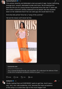 Female celebrity posing on a red carpet in a pink top and bright orange skirt, with an 'AWARDS' backdrop behind her (Getty Images credit Frazer Harrison).