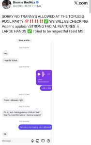 Post by Boosie Badazz claiming no transgender people allowed at a topless pool party, with a partial chat thread shown beneath.
