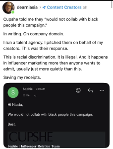 Screenshot of a social post alleging racial discrimination by Cupshe, with a follow-up message preview below.