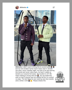 - Baller Alert Two men pose outside in front of glass buildings; one wears a purple duffle jacket, the other a light green jacket, both in cargo pants and sneakers, with black lines circling them in the photo.