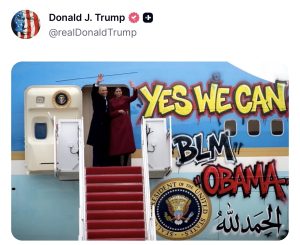 Doctored Obama image Trump posted showing Barack and Michelle Obama beside a graffiti covered presidential plane