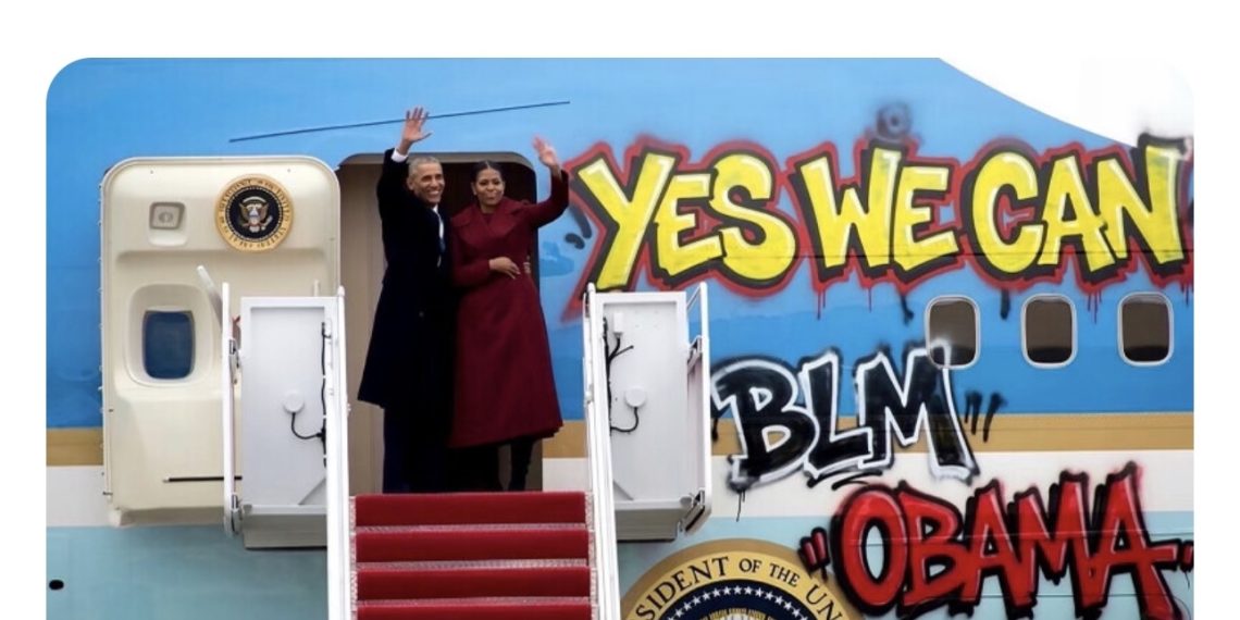 Doctored Obama image Trump posted showing Barack and Michelle Obama beside a graffiti covered presidential plane