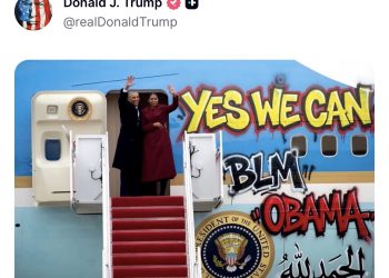Doctored Obama image Trump posted showing Barack and Michelle Obama beside a graffiti covered presidential plane