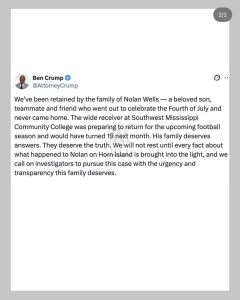 Attorney Ben Crump statement on behalf of the family of Nolan Wells after the Horn Island death