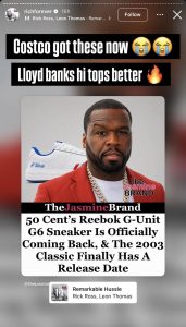 Instagram story about Lloyd Banks sneakers; features a man in a red blazer with a white/blue sneaker in the background and bold headline text overlays about new releases and hype.