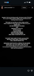 - Baller Alert Instagram story with white, all-caps text on a black background: a personal accusation of betrayal, abuse, and a vow to never forgive.