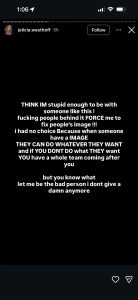- Baller Alert White text on a solid black background delivering a long rant about people editing her image and not caring about consequences. The message starts with 'THINK IM stupid enough to be with someone like this' and ends with 'i dont give a damn anymore.'