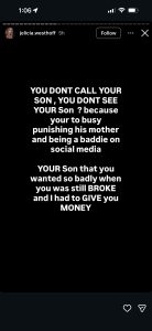 IMG_6902 - Baller Alert Instagram story image with white text on black background accusing a parent of prioritizing social media and punishment over their son, mentioning money given when they were broke