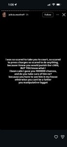 IMG_6903 - Baller Alert Instagram story screenshot with white text on black background; a long accusatory message about fear of court, threats toward a partner, and ending with a homophobic slur: 'you manipulative faggot'.
