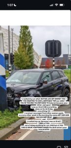 IMG_6904 - Baller Alert Black SUV with front-end damage sits on a street beside a striped pole and traffic lights; a large white caption overlay covers the lower half of the image describing a distress story.