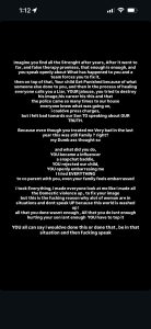IMG_6907 - Baller Alert Long white text on a black background presenting a personal monologue about abuse, family, and calling out accusations; tone is accusatory and defensive.