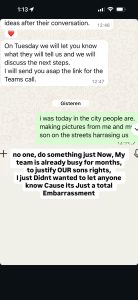 IMG_6908 - Baller Alert WhatsApp chat screenshot showing a plan to share a Teams call link, plus a large white text overlay about embarrassment and trying to justify rights.