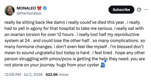 Monaleo Says She “Could’ve Died” After Ovarian Torsion Surgery, Details Losing Half Her Reproductive System At 24