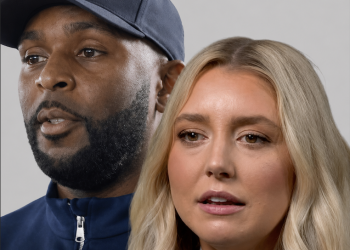 Paige Shiver and Sherrone Moore in split-screen photo referencing her lawsuit against the University of Michigan