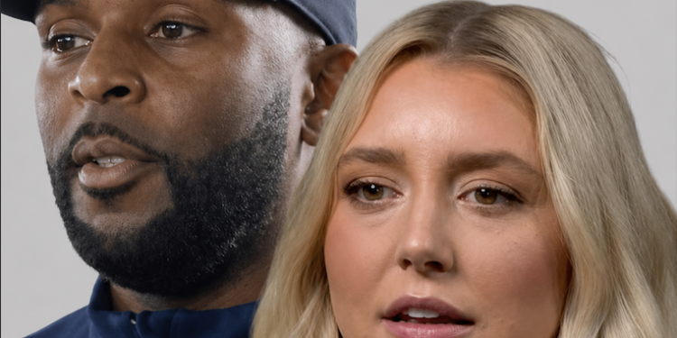 Paige Shiver and Sherrone Moore in split-screen photo referencing her lawsuit against the University of Michigan