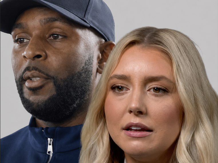 Paige Shiver and Sherrone Moore in split-screen photo referencing her lawsuit against the University of Michigan