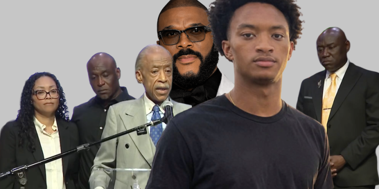 Six people in a panel: a speaker at a podium, others in formal and business-casual attire, with a young man in a dark T‑shirt in the foreground and a large face collage in the background.
