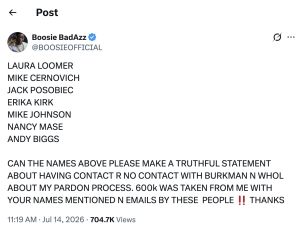 Tweet by Boosie Badazz listing several names and demanding a truthful statement about a pardon process; claims 0k was taken and mentions emails.