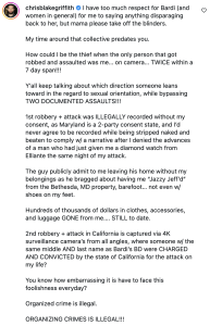 Instagram caption screenshot: long post by chrisblakegriffith alleging abuse, theft, and assaults by Bardi and others, with claims of surveillance and legal actions; ends with statements about organized crime being illegal.