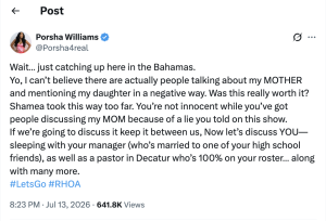 Tweet from Porsha Williams about controversy surrounding her mother and daughter, criticizing coverage and mentioning Bahamas, with hashtags #LetsGo #RHOA.