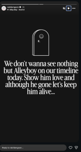 - Baller Alert Black screen with a white rounded tombstone icon and the message: “We don’t wanna see nothing but Alleyboy on our timeline today. Show him love and although he gone let’s keep him alive…”
