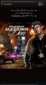 - Baller Alert Promotional poster for DJ Scream and Alley Boy Don with city skyline and a man in a hoodie; text reads “One of the BEST out the city ever. Hands Down! @alleyboy_don Bless Up.”