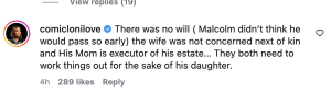 Instagram comment by comiclonilove (verified) about Malcolm's will, noting wife and mom as estate executor and need to sort things for his daughter; avatar and heart icon visible.
