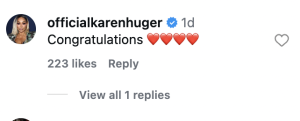 Comment from @officialkarenhuger: 'Congratulations' with several red heart emojis.