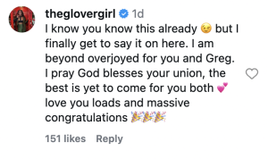 Instagram post praising a couple's union, expressing joy, blessings, and massive congratulations, with heart and party emojis.
