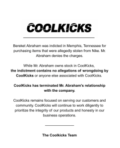 - Baller Alert CoolKicks logo followed by a legal-style statement about indictment and company actions in a multi-paragraph page.