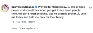 Instagram post by @babybluehoaaa asking followers to pray for their family today; caption includes praying hands emoji and a call to join in prayer.