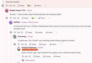 Screenshot of a Reddit discussion titled 'Contract expired,' showing user avatars, timestamps, and upvote counts in a pink-themed layout.