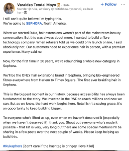 LinkedIn post by Varaidzo Tendai Moyo announcing a Sephora North America relaunch for a hair-extension brand, with multi-paragraph professional update and the hashtag #Rukaphora.