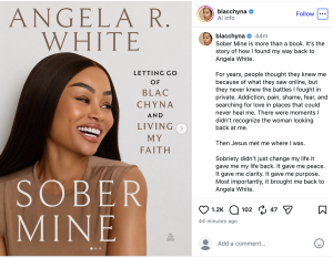 Book cover featuring a smiling woman with long dark hair; title 'SOBER MINE' by Angela R. White; subtitle 'Letting go of Black Chyna and living my faith'.