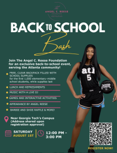 Poster advertising 'Back to School Bash' hosted by Angel C. Reese Foundation; features a smiling young woman in athletic wear on teal background, QR code, and registration details at bottom.