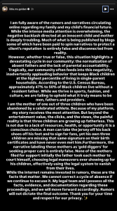 Full-screen text post denying rumors about the speaker's family and child’s finances, calling out false narratives and asking for accountability and privacy.