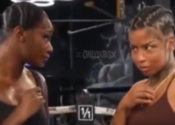 Claressa Shields talking to Chrisean Rock in a boxing ring during their first training session