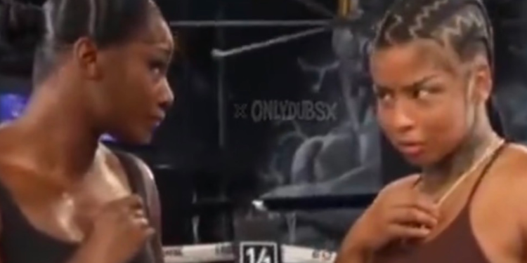 Claressa Shields talking to Chrisean Rock in a boxing ring during their first training session
