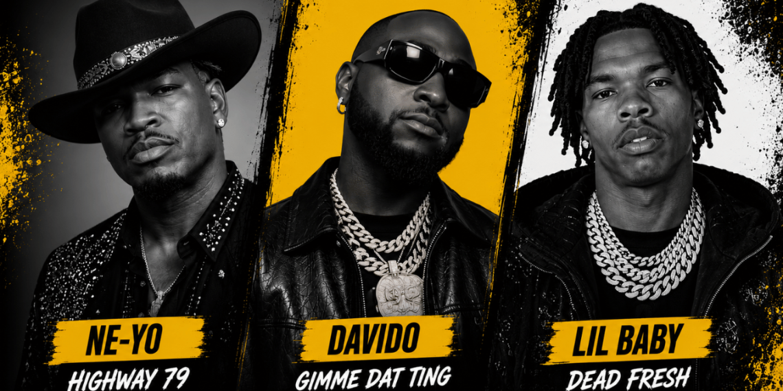 Three portrait shots of Ne-Yo, Davido, and Lil Baby with bold yellow name panels; song titles read Highway 79, Gimme Dat Ting, Dead Fresh.