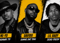 Three portrait shots of Ne-Yo, Davido, and Lil Baby with bold yellow name panels; song titles read Highway 79, Gimme Dat Ting, Dead Fresh.