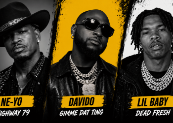 Three portrait shots of Ne-Yo, Davido, and Lil Baby with bold yellow name panels; song titles read Highway 79, Gimme Dat Ting, Dead Fresh.