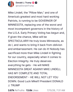 Screenshot of a Twitter/X post by Donald J. Trump about Mike Lindell, with a long block of uppercase text praising him and Minnesota election integrity.