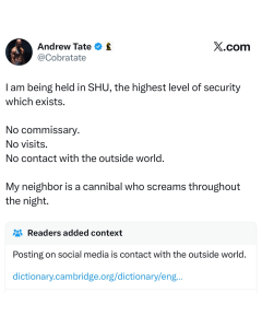Screenshot of a social media post by a verified user, alleging being held in solitary confinement (SHU) with no commissary or visitors within the image text and layout.